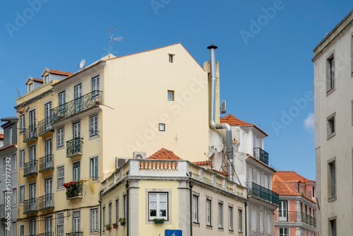 Lisboa, Portugal. April 10 , 2022: Chiado neighborhood architecture at night.