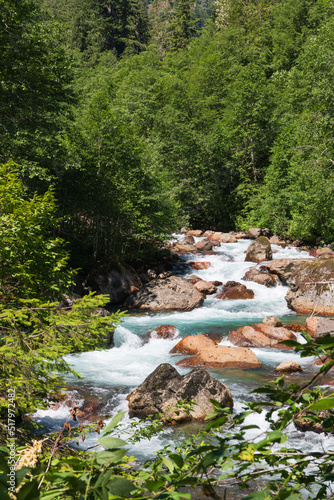 Vertical Landscape of Rocks and White Water on the South Fork of the Sauk River from the Mountain Loop Highway in the Mount Baker-Snoqualmie National Forest in Washington State