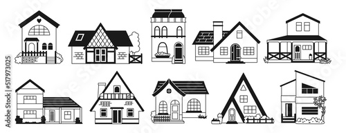 House front flat line doodle set. Various facade village or urban, small and tiny houses. Contour modern or vintage cozy buildings symbol. Residential homestead, cottage or villa facades apartment