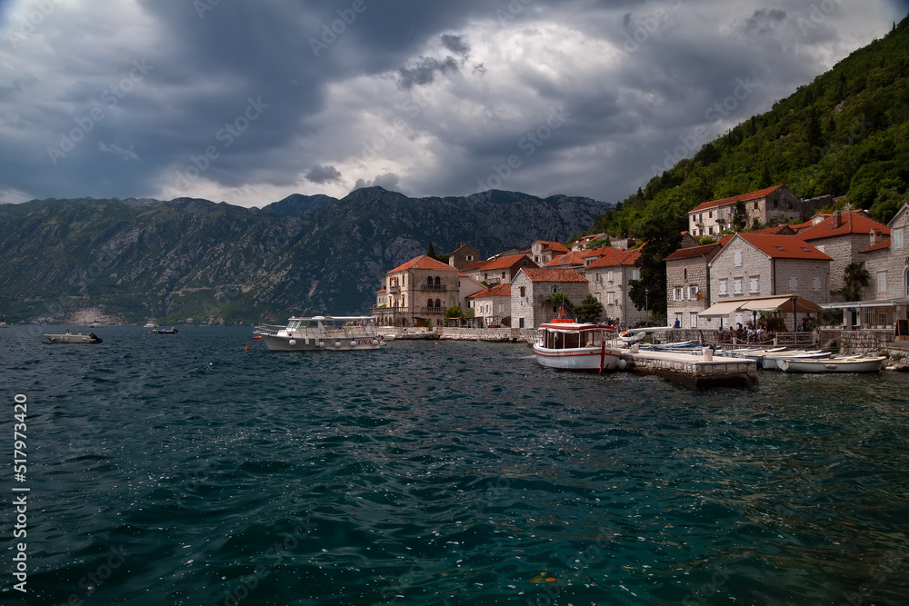 View of the historic town of Perast at the Kotor Bay. Montenegro, Balkans, Europe.