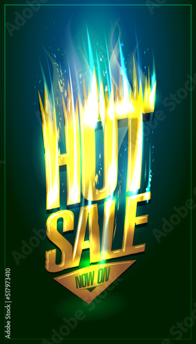 Hot sale now on, fiery sale web banner design with burning lettering