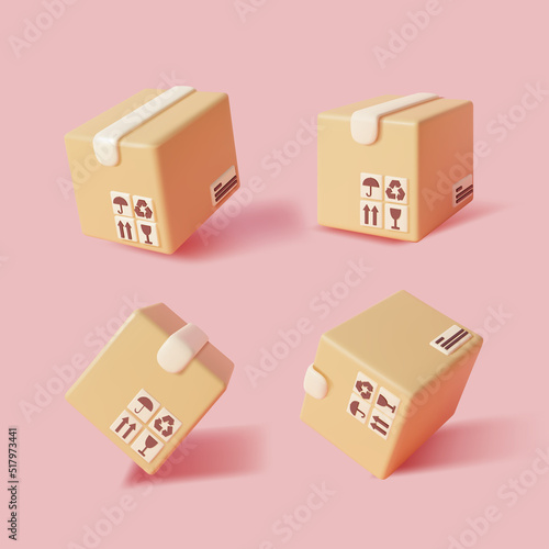 3d Different Cardboard Closed Box Set Plasticine Cartoon Style Various Angles Views. Vector illustration of Paper Package