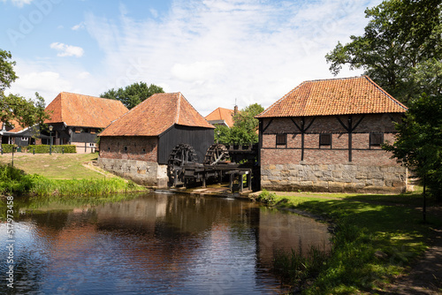 Oostendorper watermill; a double, water-driven mill with three undershot wheels on the Buurserbeek south of the Dutch village of Haaksbergen in Overijssel.