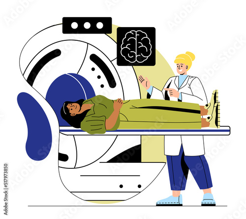 Medical examination and health checkup. Magnetic resonance imaging tomography. Woman doctor doing brain MRI to patient. Neurologist detects diseases of nervous system. Cartoon flat vector illustration