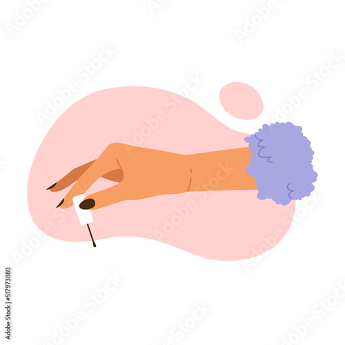 Female hand holding nail polish brush. Women's hands with a manicure. Nail care, beauty treatment aesthetic. Vector illustration in cartoon style. Isolated white background