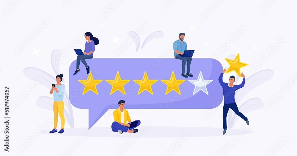 Customers giving feedback on laptop, man holding review star over his head. Five stars rating. Clients choosing satisfaction level. Reputation and quality and rating concept Customers giving feedback on laptop, man holding review star over his head. Five stars rating. Clients choosing satisfaction level. Reputation and quality and rating concept
