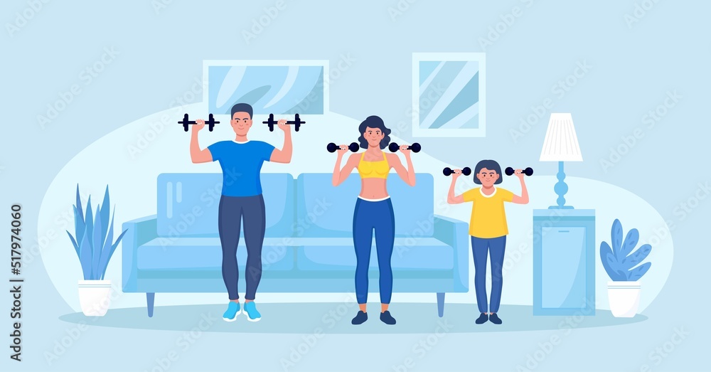 Happy family goes in for sports at home in the living room interior. Mother, father and child doing workout. Parents and kid doing lifting weight. Sport Activity Happy family goes in for sports at home in the living room interior. Mother, father and child doing workout. Parents and kid doing lifting weight. Sport Activity
