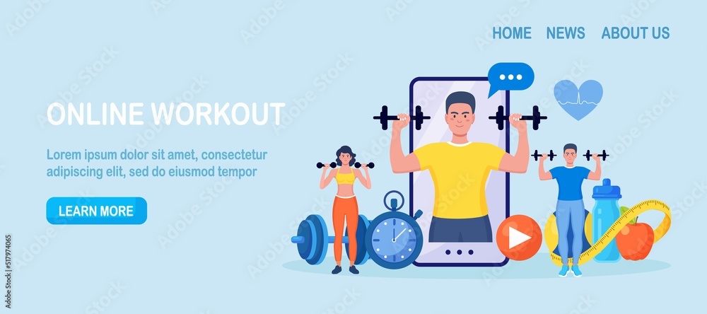 Online sport lesson and fitness course on phone screen. Sportive man training at home with sport equipment. Cardio, yoga and bodybuilding classes. Trainer conducts strength training using website