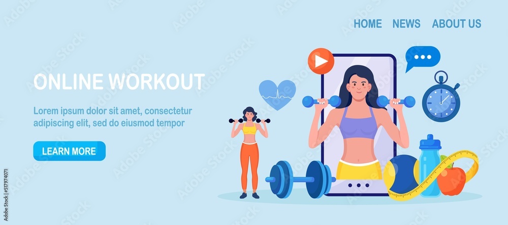 Online sport lesson and fitness course on phone screen. Sportive Woman Training at Home with sport equipment. Cardio, yoga and bodybuilding classes. Trainer conducts strength training using website