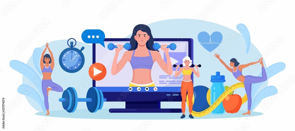 Online sport lesson and fitness course on computer screen. Sportive Woman Training at Home with sport equipment. Cardio, yoga and bodybuilding classes. Trainer conducts strength training using website Online sport lesson and fitness course on computer screen. Sportive Woman Training at Home with sport equipment. Cardio, yoga and bodybuilding classes. Trainer conducts strength training using website