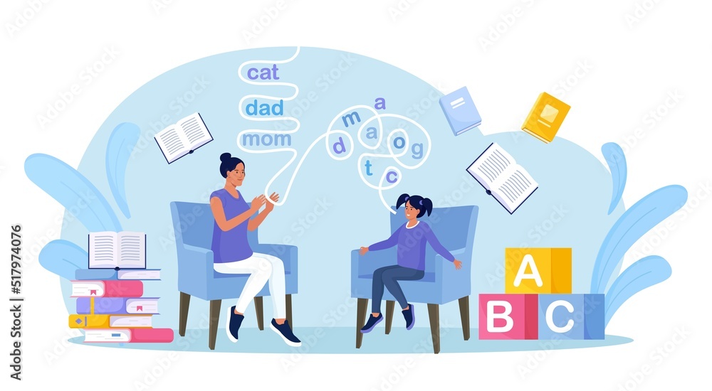 Speech therapy concept. Teacher woman teaches child to talk. Child training basic language skills with speech therapist. Speech-language pathologist diagnoses Articulation problem Speech therapy concept. Teacher woman teaches child to talk. Child training basic language skills with speech therapist. Speech-language pathologist diagnoses Articulation problem