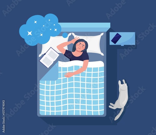 Woman sleeping at night with book and cat. Person sleep in bed on pillow under duvet. Peaceful dream and relax. Resting time and comfortable relaxation. Sweet dreams, good health