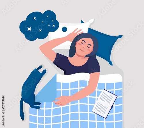 Woman sleeping at night with book and cat. Girl sleep in bed on pillow under duvet. Peaceful dream and relax. Resting time and comfortable relaxation. Sweet dreams, good health