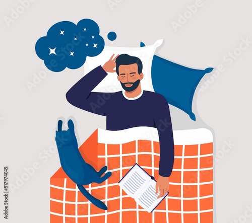 Man sleeping at night with book and cat. Person sleep in bed on pillow under duvet. Peaceful dream and relax. Resting time and comfortable relaxation. Sweet dreams, good health