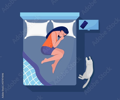 Woman sleeping at night with book and cat. Girl sleep in bed on pillow under duvet. Peaceful dream and relax. Resting time and comfortable relaxation. Sweet dreams, good health