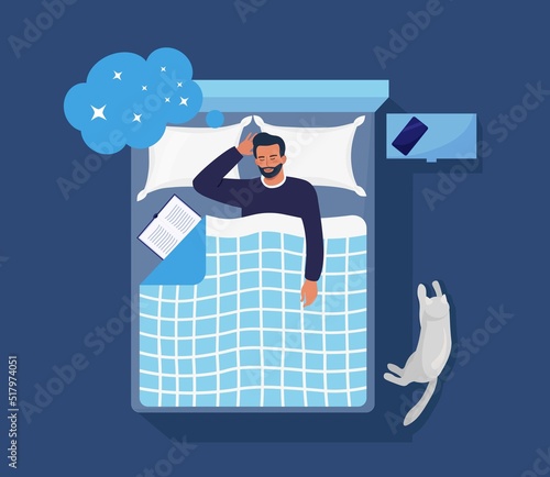 Man sleeping at night with book and cat. Person sleep in bed on pillow under duvet. Peaceful dream and relax. Resting time and comfortable relaxation. Sweet dreams, good health
