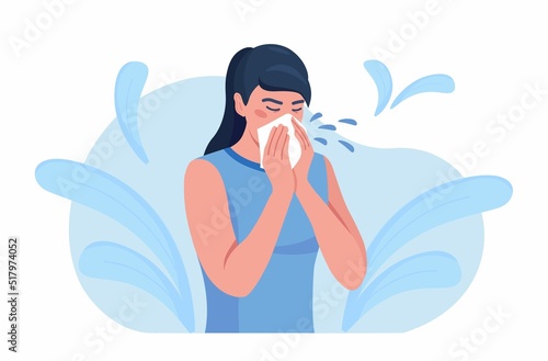 Female character sneezing, coughing in tissue. Prevention against virus, infection. Sick woman sneeze in handkerchief to prevent germs from flying from their mouths. Season allergy. Virus protection