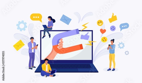 Big magnet attracts likes, good reviews, rating, followers. Social influencer. Media content to grab feedback from audience. Lead generation. Satisfaction and loyalty analysis. Attracting customers