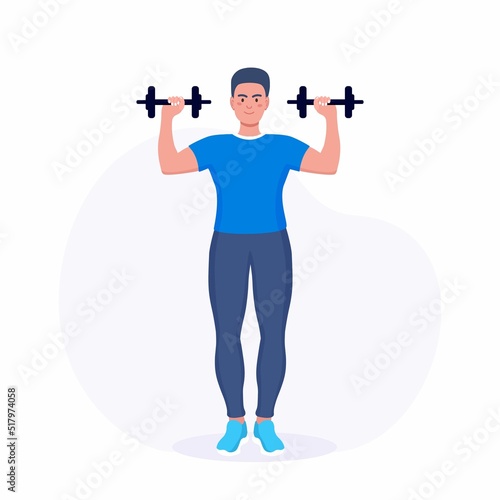 Man doing exercises with dumbbells, training at home with sport equipment. Sport and muscle building. Sportive person doing arm workout in gym. Trainer conducts strength training
