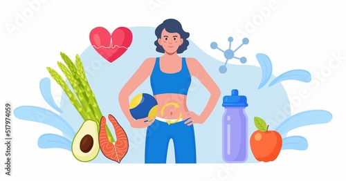 Metabolism of human organism. Metabolic process of sport woman on diet. Digestive system, biochemistry, hormone system. Chemical reactions of nutrition in organism synthesis