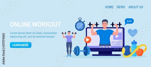 Online sport lesson and fitness course on computer screen. Sportive man training at home with sport equipment. Cardio, yoga and bodybuilding classes. Trainer conducts strength training using website