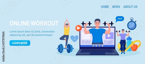 Online sport lesson and fitness course on laptop screen. Sportive man training at home with sport equipment. Cardio, yoga and bodybuilding classes. Trainer conducts strength training using website