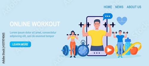 Online sport lesson and fitness course on phone screen. Sportive man training at home with sport equipment. Cardio, yoga and bodybuilding classes. Trainer conducts strength training using website