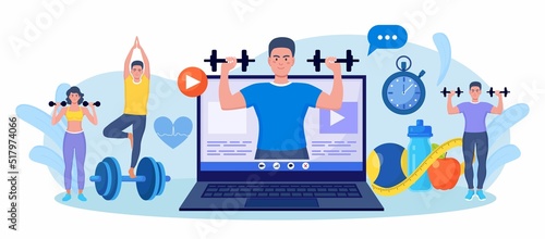 Online sport lesson and fitness course on laptop screen. Sportive man training at home with sport equipment. Cardio, yoga and bodybuilding classes. Trainer conducts strength training using website