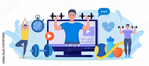Online sport lesson and fitness course on computer screen. Sportive man training at home with sport equipment. Cardio, yoga and bodybuilding classes. Trainer conducts strength training using website
