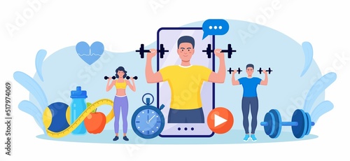 Online sport lesson and fitness course on phone screen. Sportive man training at home with sport equipment. Cardio, yoga and bodybuilding classes. Trainer conducts strength training using website