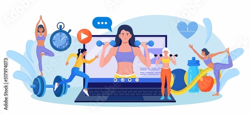 Online sport lesson and fitness course on laptop screen. Sportive Woman Training at Home with sport equipment. Cardio, yoga and bodybuilding classes. Trainer conducts strength training using website