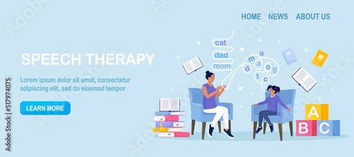Speech therapy concept. Teacher woman teaches child to talk. Child training basic language skills with speech therapist. Speech-language pathologist diagnoses Articulation problem