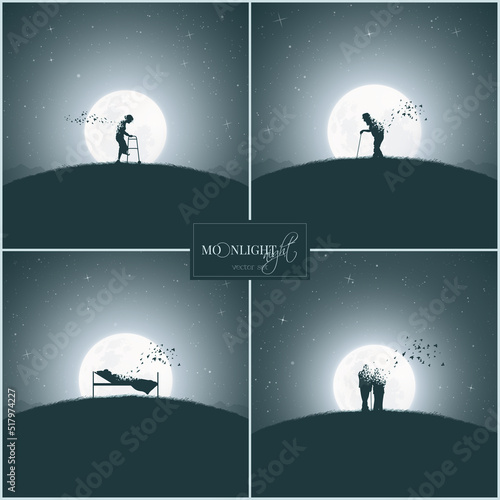Old people and flying birds. Death and afterlife. Full moon at night