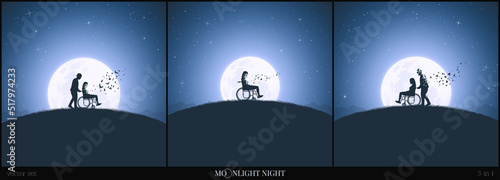 Disabled woman in wheelchair. Loving couple and moon. Death, afterlife