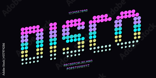 Vector disco font neon color dot halftone style modern typography. Cool vintage typeface for decoration, logotype, poster, t shirt, book, card, sale banner, printing on fabric, industrial. Trendy