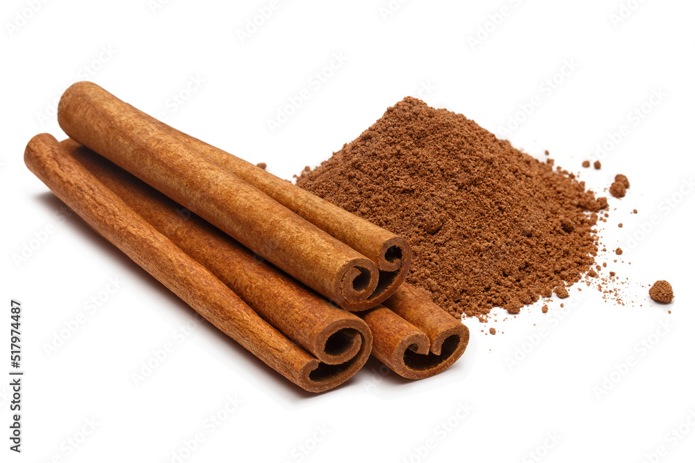 Cinnamon sticks and powder, isolated on white background Cinnamon sticks and powder, isolated on white background