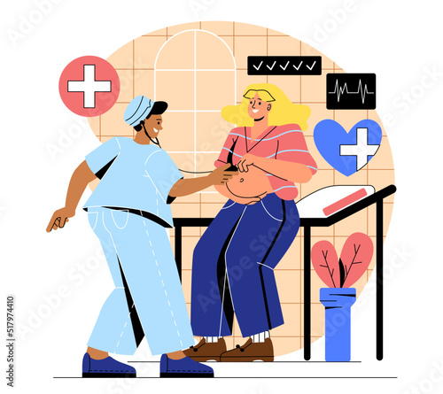 Medical examination and health checkup. Obstetrician gynecologist examines pregnant woman. Maternity and preparation for childbirth. Doctor checks condition of fetus. Cartoon flat vector illustration