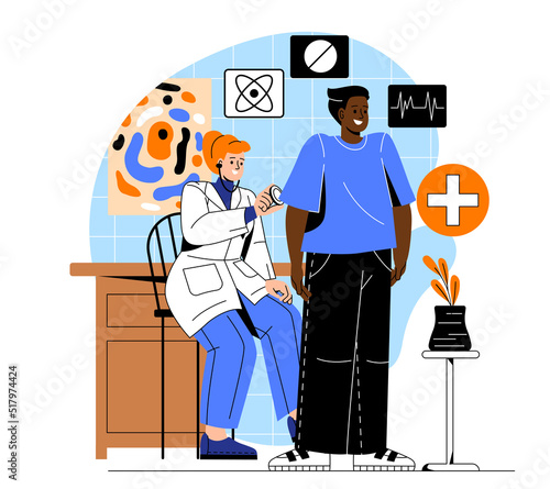 Medical examination and health checkup. Pulmonologist with stethoscope listens to patient breathing and detects illness of lungs. Treatment of respiratory diseases. Cartoon flat vector illustration