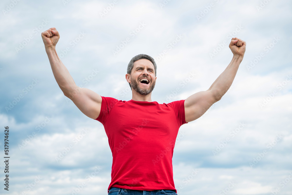 shouting man in red shirt outdoor on sky background shouting man in red shirt outdoor on sky background