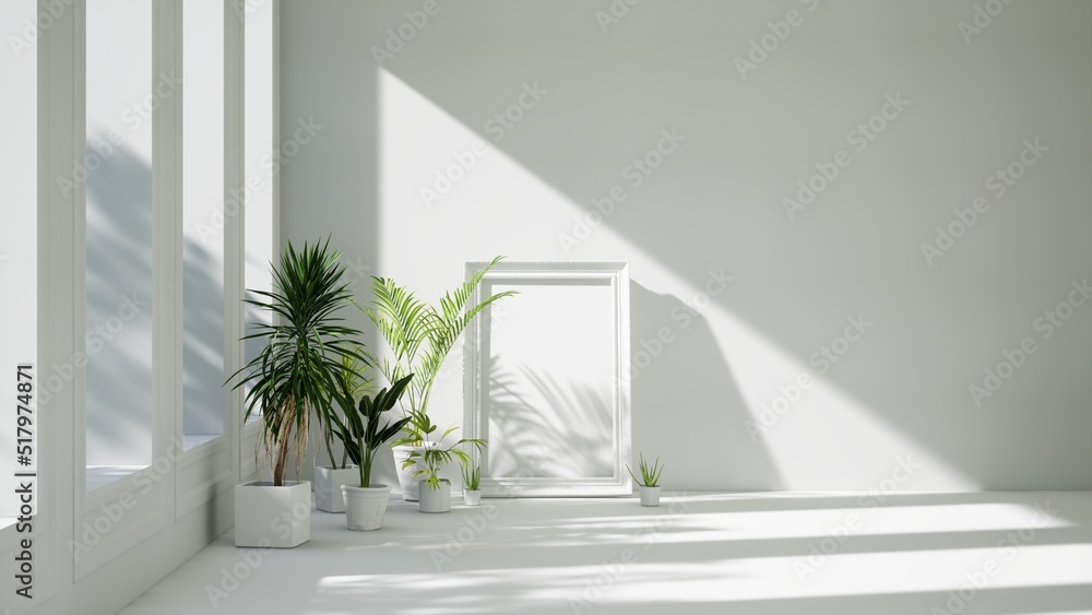 empty white room interior with classic picture frames, tropical home plants on the floor,sunlight from windows empty white room interior with classic picture frames, tropical home plants on the floor,sunlight from windows