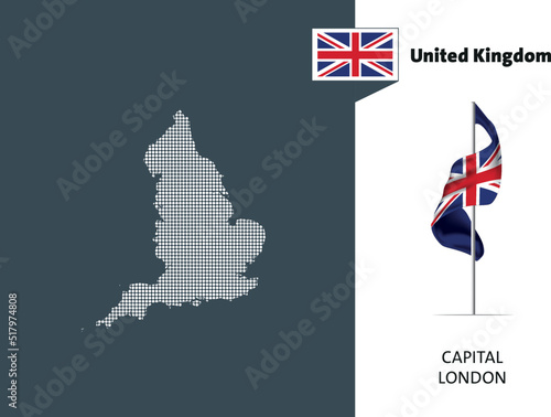 Flag of the United Kingdom on white background. Dotted map of the United Kingdom with Capital name - London.