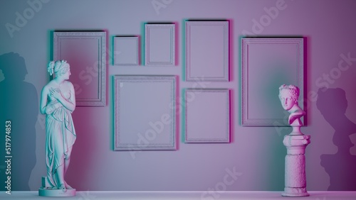 modern gallery with antique sculpture and empty frames on the walls, contemporary double lighting, frame mock up