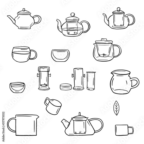 Hand drawn set for Chinese tea ceremony. Doodle Chinese tea ware