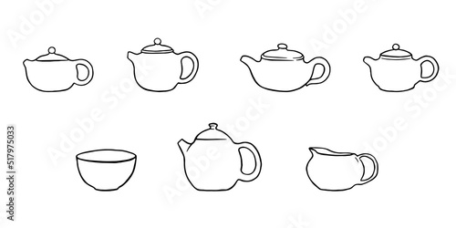 Clay teapots doodle illustrations. Chinese tea pots set
