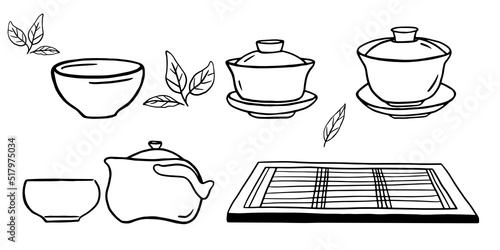 Porcelain tea ware set. Chinese tea ceremony doodle illustrations
