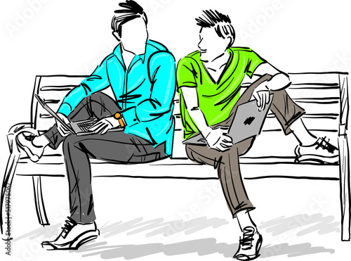 two friends men having fun sitting on a park bench with laptops vector illustration