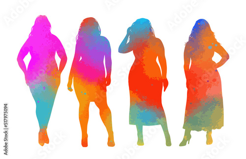 Set of colorful silhouettes of obese women. Dumplings, women XXL size. Beautiful curvy women. Overweight ladies. Fat females. Vector illustration.
