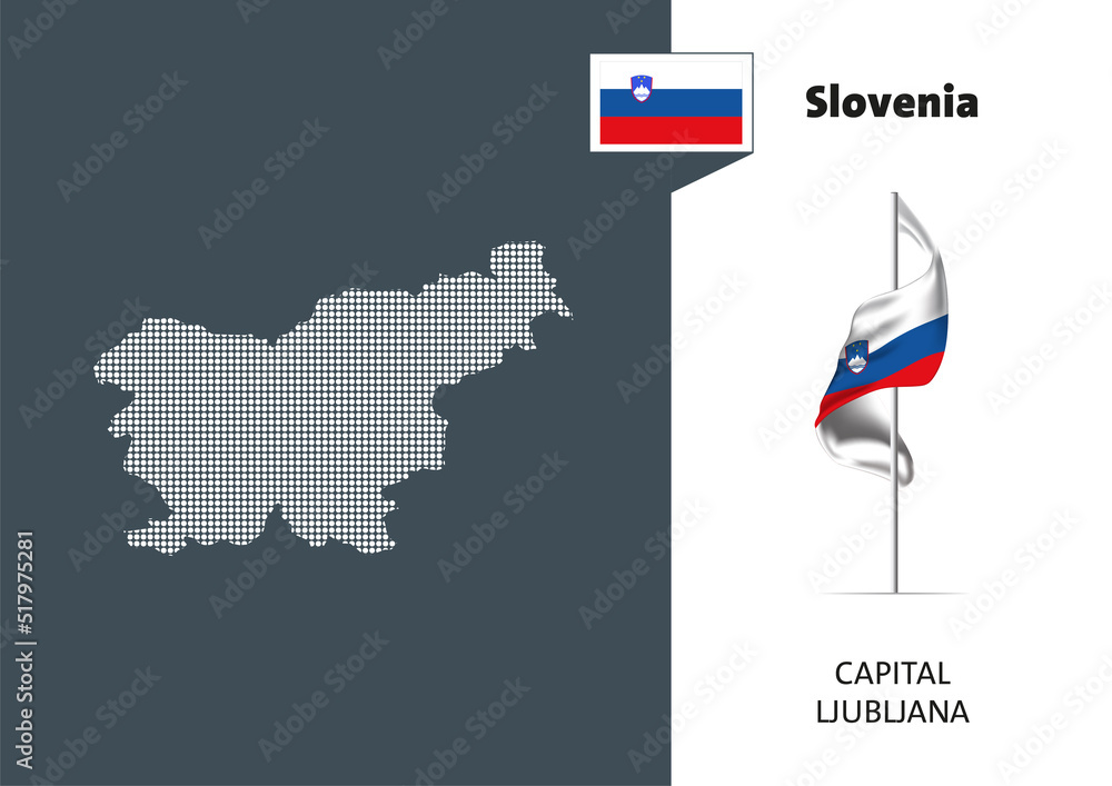 Flag of Slovenia on white background. Dotted map of Slovenia with ...