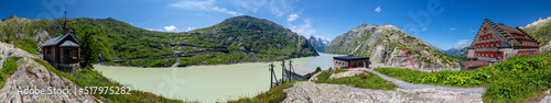 Famous Grimsel Pass crossing the Bernese Alps with Grimselsee and Grimsel Hospice in the canton of Bern in Switzerland