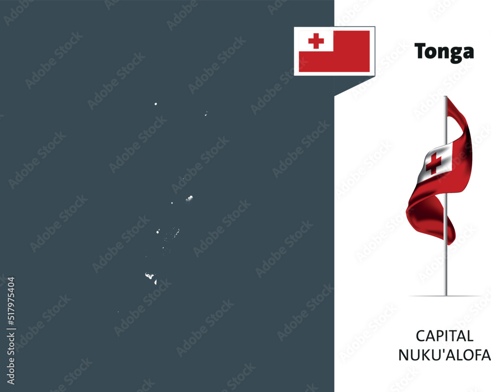 Flag of Tonga on white background. Dotted map of Tonga with Capital